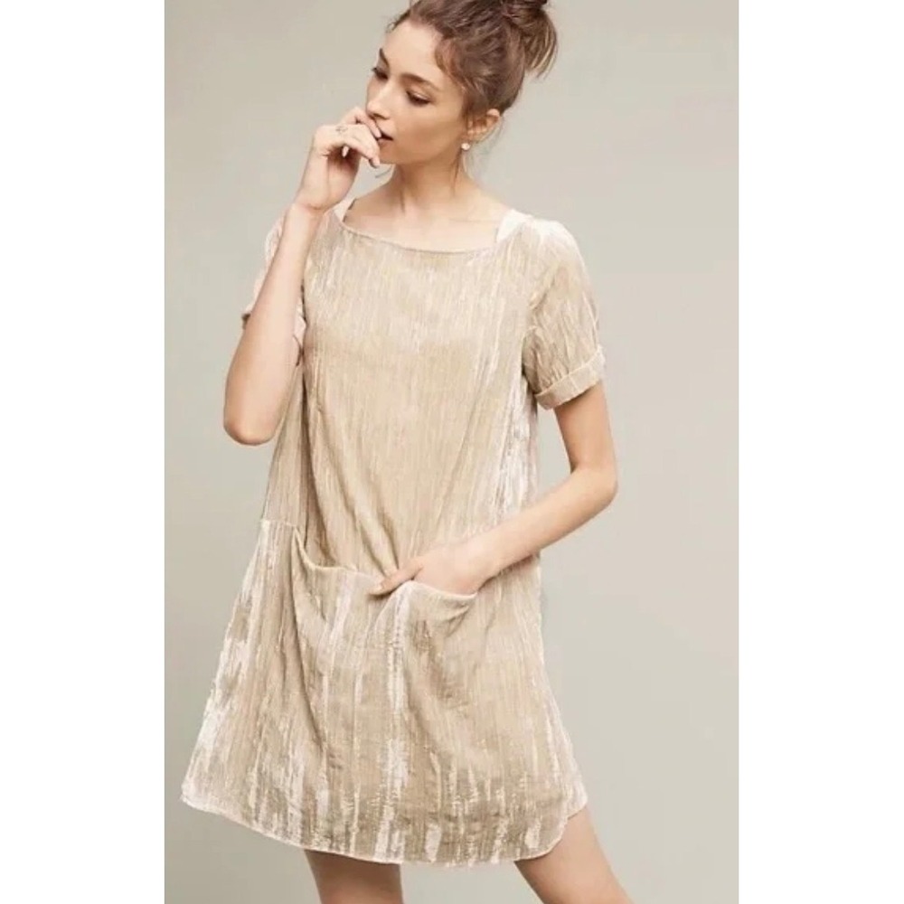 Floreat Anthropologie Champagne Crushed Velvet Shift Dress Pockets Tan Womens S